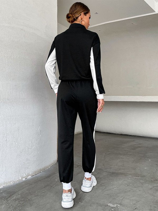 New two - piece spliced stand - collar sweatshirt casual suit - Pant Suit
